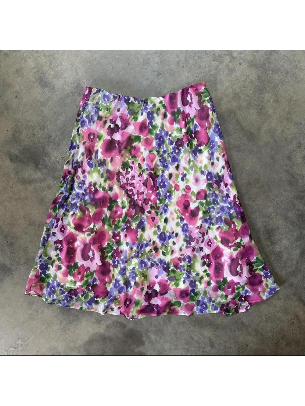 Dressbarn pink, purple, and green floral polyester midi skirt